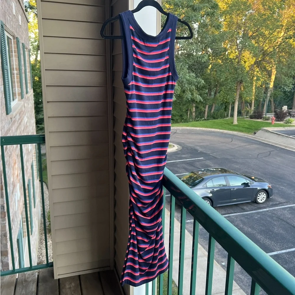 🆕 Michael Stars Navy Red Striped Tank Midi Dress Ruched Side Bodycon Size S - Picture 4 of 12